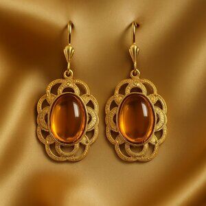 Ornate Gold Filigree Dangle Earrings w/ Oval Center – Elegant Statement Jewelry